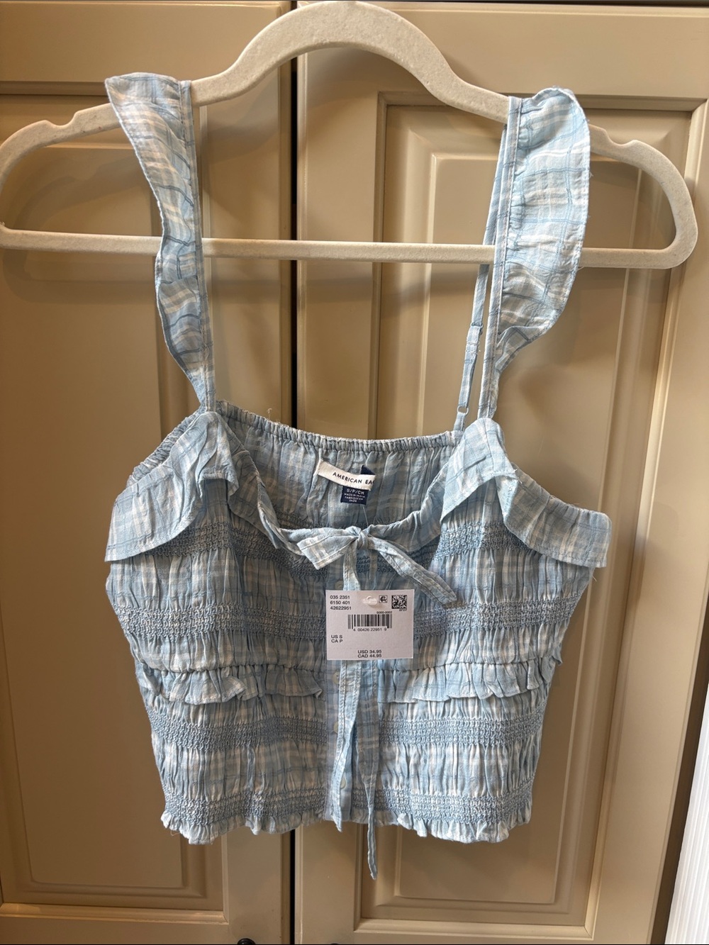 American Eagle Outfitters Light Blue Smocked Ruffle Tie-Front Camisole